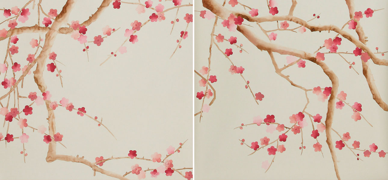 Обои ручная роспись Plum Blossom Blossom on Satin Grey dyed silk - фото