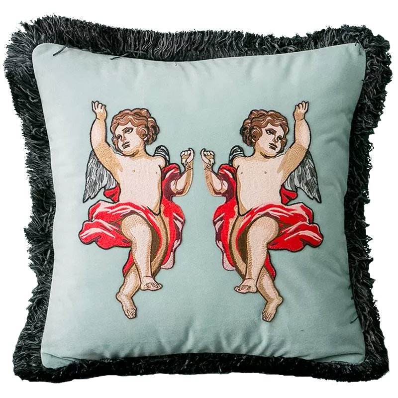 Декоративная подушка с вышивкой Стиль Gucci Angels Cushion Мятный Серый Бежевый Красный в Орле | Loft Concept 