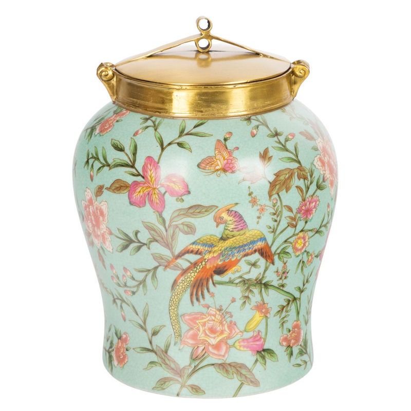 Ваза округлой формы из фарфора с рисунком и бронзовой крышкой Turquoise Blooming Garden Мульти Бронза Бирюзовый Ваза округлой формы из фарфора с рисунком и бронзовой крышкой Turquoise Blooming Garden Мульти Бронза Бирюзовый в Орле | Loft Concept