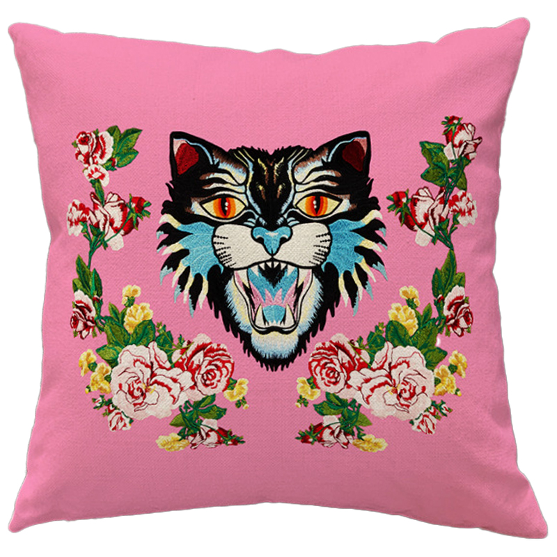 Декоративная подушка Стиль Gucci Cat Pink Розовый Мульти Декоративная подушка Стиль Gucci Cat Pink Розовый Мульти в Орле | Loft Concept