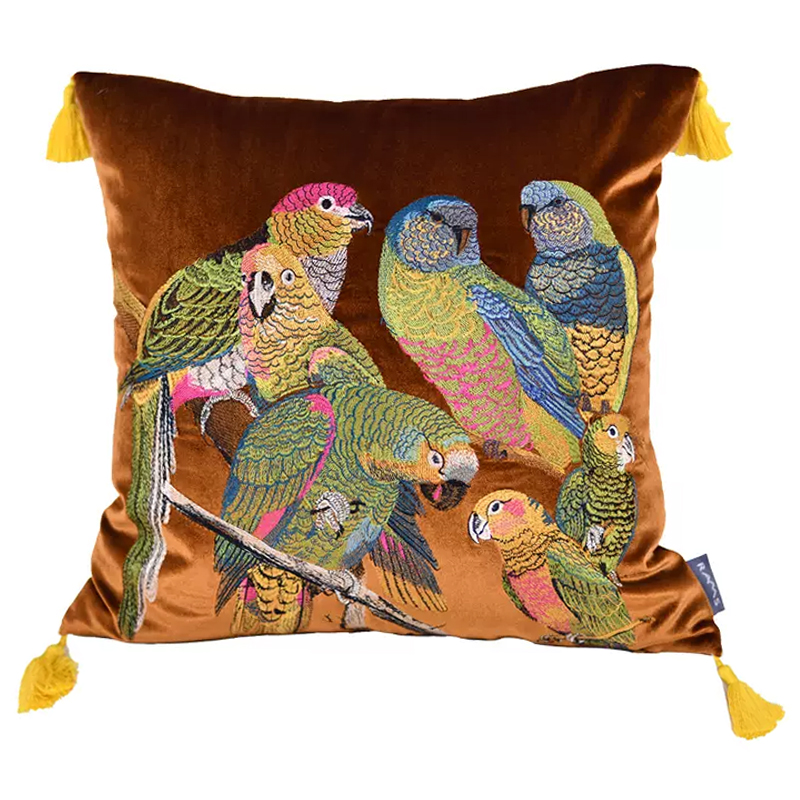 Декоративная подушка с вышивкой Embroidery Parrots Pillow Brown Коричневый Мульти Декоративная подушка с вышивкой Embroidery Parrots Pillow Brown Коричневый Мульти в Орле | Loft Concept