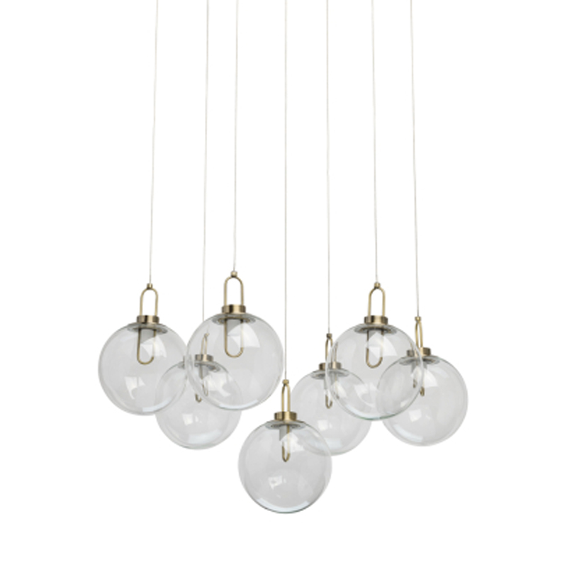 Люстра с 7-ю плафонами из прозрачного стекла в форме шара Orb Cascade  Бронза Прозрачный в Орле | Loft Concept 