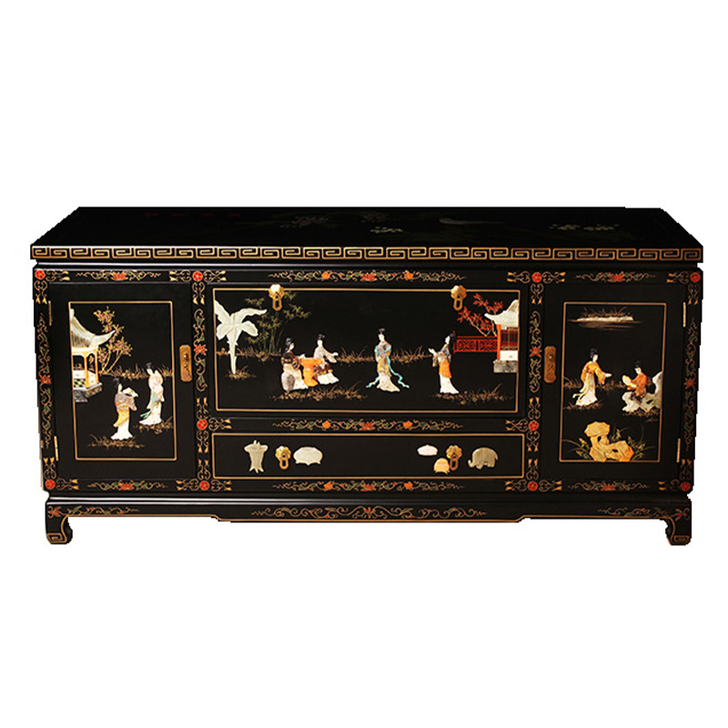 Черный Комод в Китайском стиле с каменным Барельефом Walk in the Garden Chinese Chest of Drawers Черный Мульти в Орле | Loft Concept 