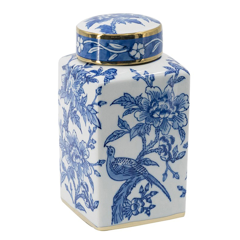 Ваза с крышкой Bird & Flowers Oriental Ornament Глянцевое золото Белый Синий Ваза с крышкой Bird & Flowers Oriental Ornament Глянцевое золото Белый Синий в Орле | Loft Concept
