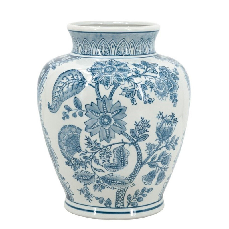 Ваза округлой формы белого цвета с синим растительным узором Blue & White Ornament Белый Синий Ваза округлой формы белого цвета с синим растительным узором Blue & White Ornament Белый Синий в Орле | Loft Concept