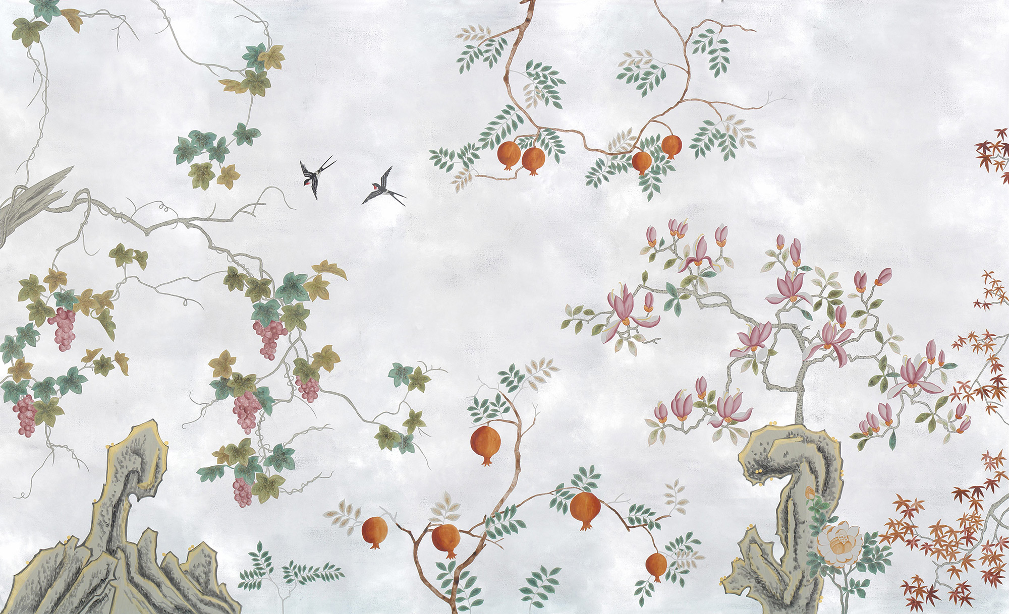 Обои ручная роспись Summer Night Blossom Original colourway on Ocean Silver gilded paper Обои ручная роспись Summer Night Blossom Original colourway on Ocean Silver gilded paper - постер Loft-Concept в Орле