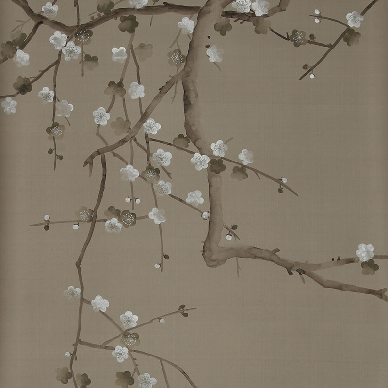 Обои ручная роспись Plum Blossom Colourway SC-232 on Lead Grey dyed silk  в Орле | Loft Concept 