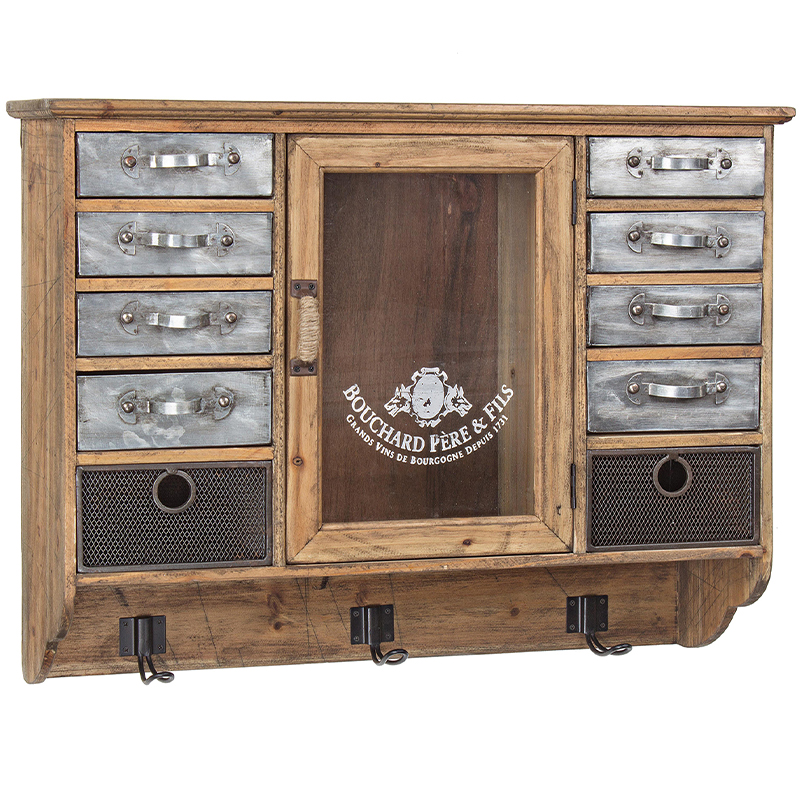 Полка в винтажном стиле с витриной и металлическими выдвижными ящиками Vintage Wood Shelf Коричневый Серебряный Полка в винтажном стиле с витриной и металлическими выдвижными ящиками Vintage Wood Shelf Коричневый Серебряный в Орле | Loft Concept