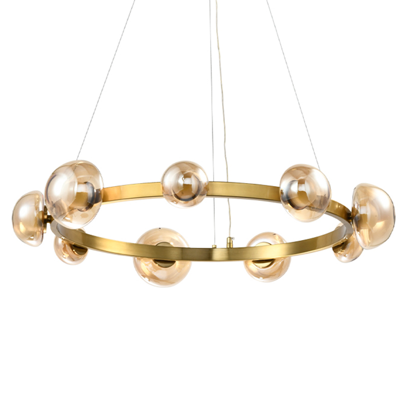 Люстра подвесная светодиодная с 9-ю круглыми плафонами коньячного цвета Iona Chandelier Brass Латунь Люстра подвесная светодиодная с 9-ю круглыми плафонами коньячного цвета Iona Chandelier Brass Латунь в Орле | Loft Concept