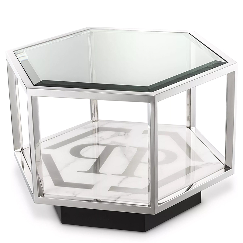 Приставной стол Philipp Plein Side Table Falcon View Chrome Хром Белый Мрамор Bianco Серый Черный Прозрачное Стекло в Орле | Loft Concept 