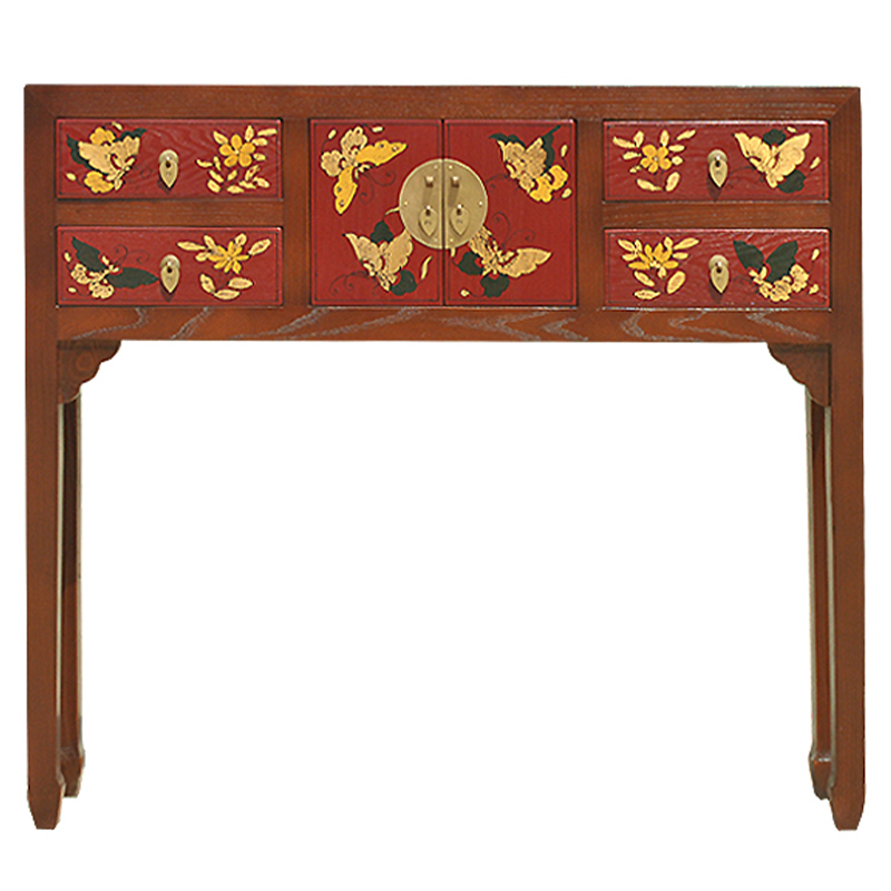 Коричневая консоль из массива сосны в Китайском стиле с красными ящиками Wood Console Chinese Коричневый Красный в Орле | Loft Concept 