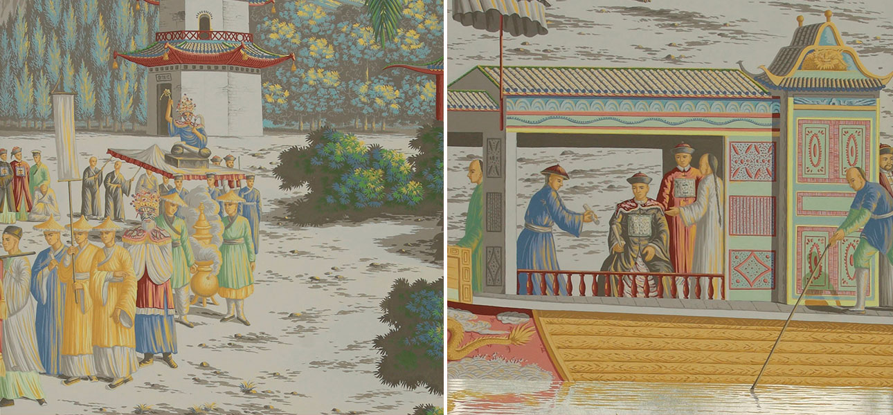 Обои ручная роспись Procession Chinoise Special Colourway on White Metal gilded paper - фото