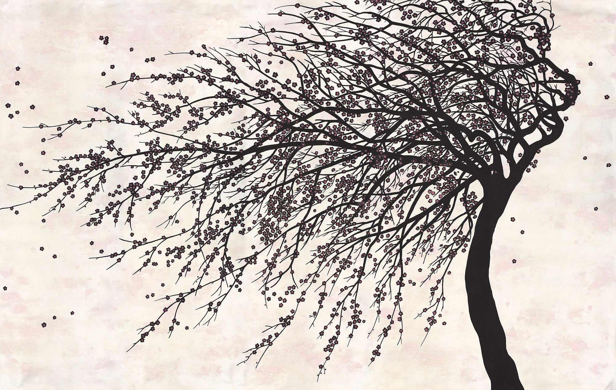 Обои ручная роспись Windswept Blossom Noir on White Metal gilded silk with pearlescent antiquing Обои ручная роспись Windswept Blossom Noir on White Metal gilded silk with pearlescent antiquing - постер Loft-Concept в Орле