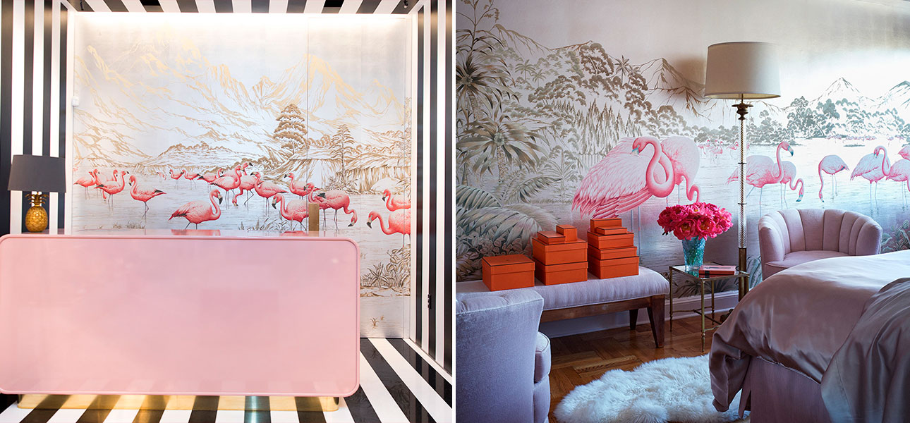 Обои ручная роспись Flamingos Flamingo on Tarnished Silver gilded Xuan paper - фото