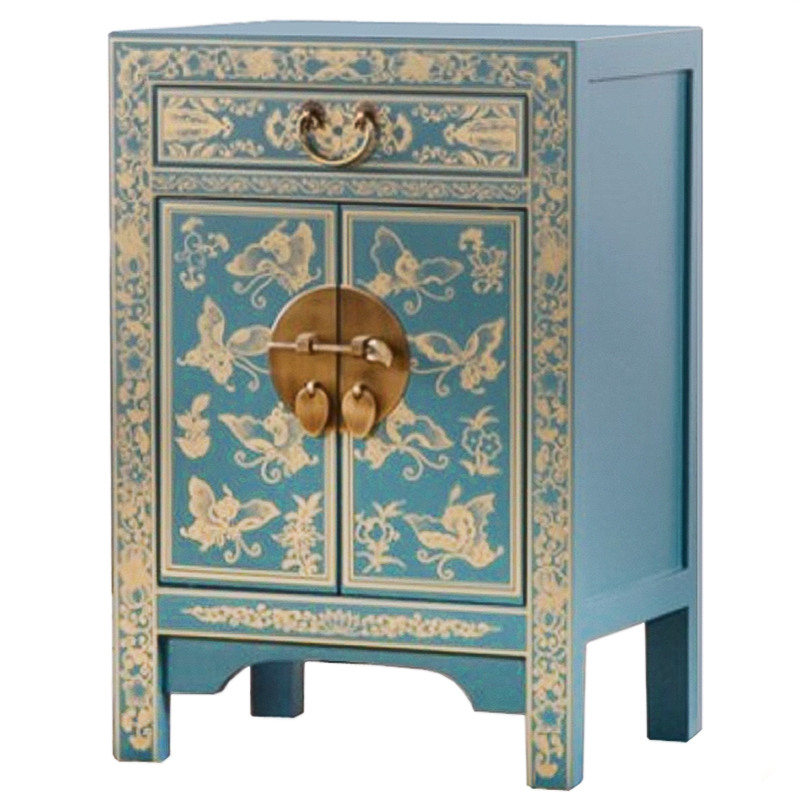 Светло-бирюзовая тумба в Китайском стиле ручная роспись Light Turquoise Chinese Nightstand Бирюзовый Золотой в Орле | Loft Concept 
