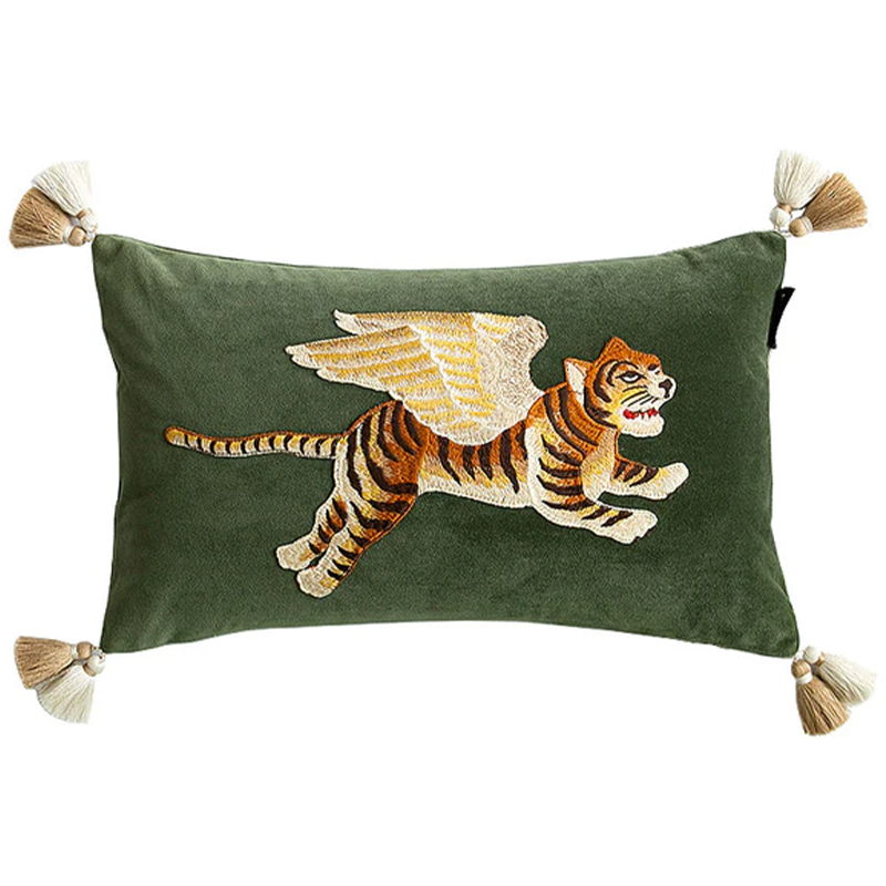 Декоративная подушка с вышивкой Стиль Gucci Winged Tiger Cushion Зеленый Оранжевый Золотой Декоративная подушка с вышивкой Стиль Gucci Winged Tiger Cushion Зеленый Оранжевый Золотой в Орле | Loft Concept