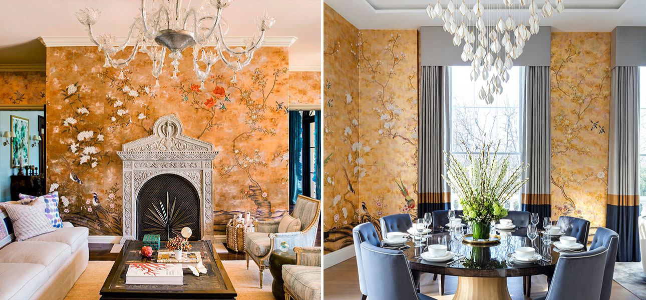 Обои шинуазри Japanese Garden Original colourway on Deep Rich Gold gilded paper with bronze pearlescent antiquing - фото