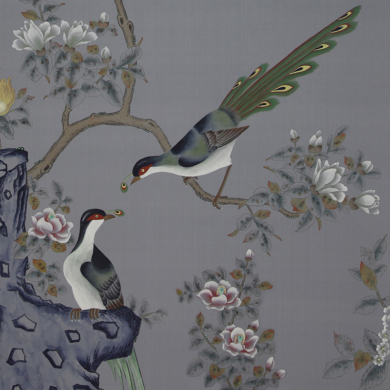 Обои ручная роспись Japanese Garden Original colourway on Gun Metal dyed silk Обои ручная роспись Japanese Garden Original colourway on Gun Metal dyed silk в Орле | Loft Concept