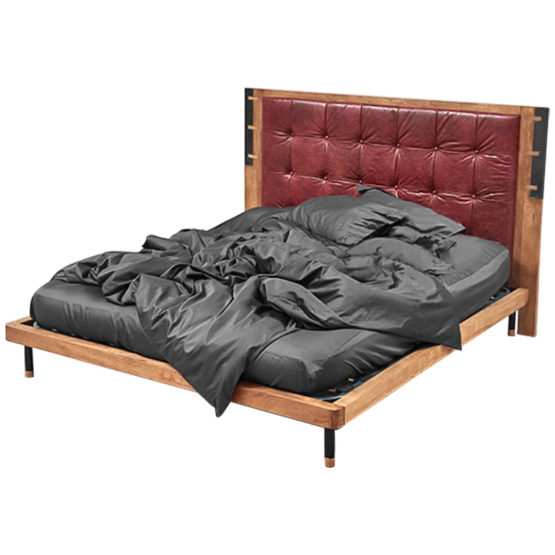 Кровать деревянная с изголовьем из натуральной кожи Kearns Bed Древесина Бургундский красный в Орле | Loft Concept 