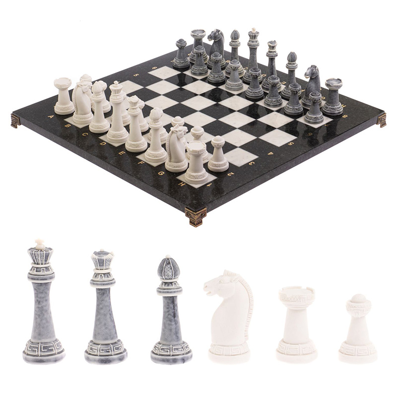 Шахматы Стаунтон с доской из натуральных камней Decorative Thematic Chess  Черный Серый Белый Золотой в Орле | Loft Concept 