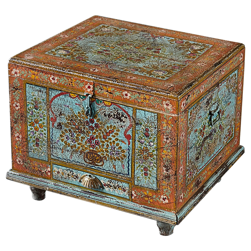Сундук ручная роспись Harsh Antique Indian Painted Chest Мульти Бирюзовый Оранжевый в Орле | Loft Concept 