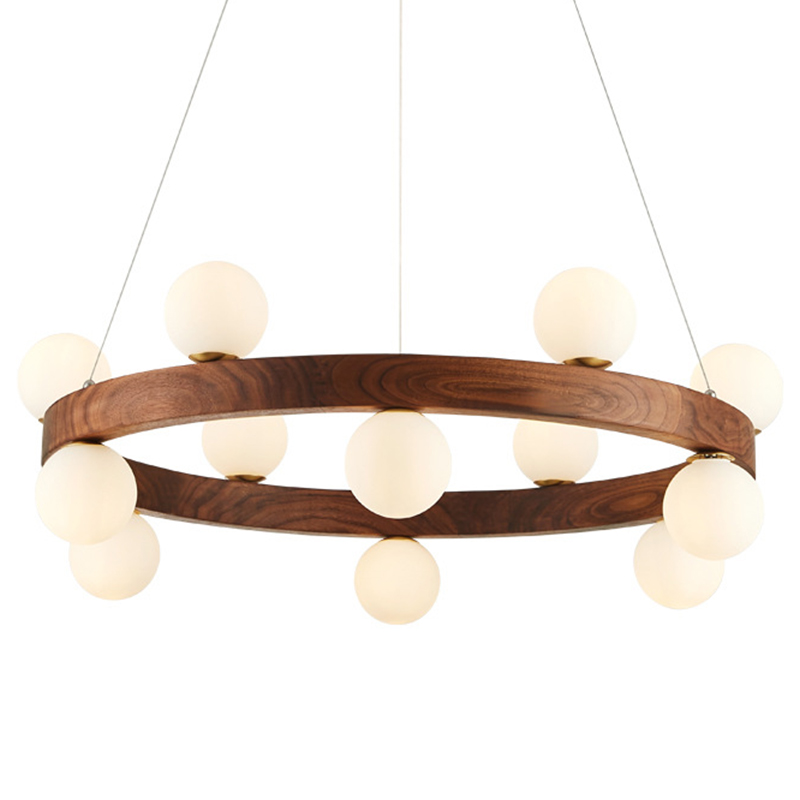 Люстра из дерева с белыми плафонами GRAND Wooden Chandelier Белое матовое стекло Коричневый Латунь в Орле | Loft Concept 