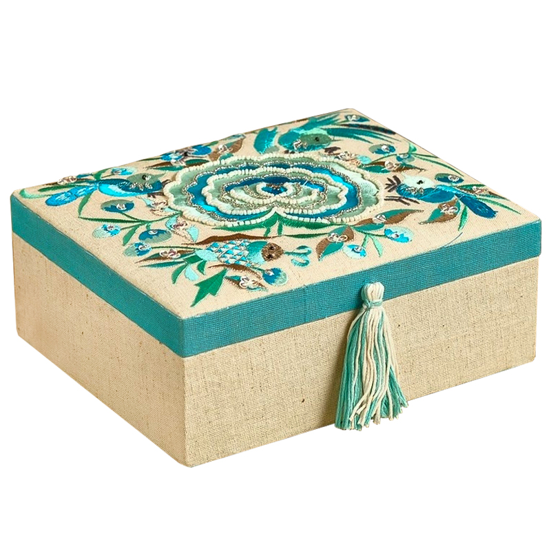 Шкатулка с вышивкой из бисера Kelley Beads Embroidery Box Бежевый Бирюзовый Шкатулка с вышивкой из бисера Kelley Beads Embroidery Box Бежевый Бирюзовый в Орле | Loft Concept