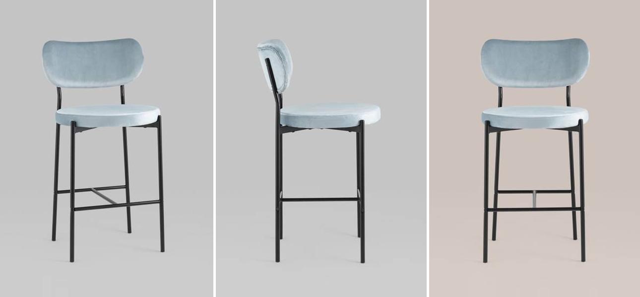 Барный Стул Alfie Chair Черные ножки Голубой Велюр - фото