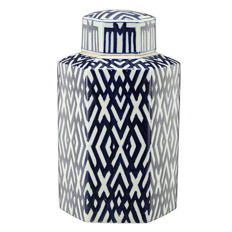 Ваза с крышкой и графическим узором в сине-белых цветах Blue & White Ornament Белый Синий Ваза с крышкой и графическим узором в сине-белых цветах Blue & White Ornament Белый Синий в Орле | Loft Concept