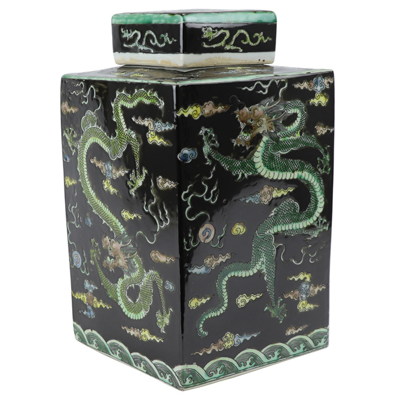 Ваза с крышкой квадратная Green Dragon Black Vase Черный Зеленый Желтый Светло-синий Ваза с крышкой квадратная Green Dragon Black Vase Черный Зеленый Желтый Светло-синий в Орле | Loft Concept