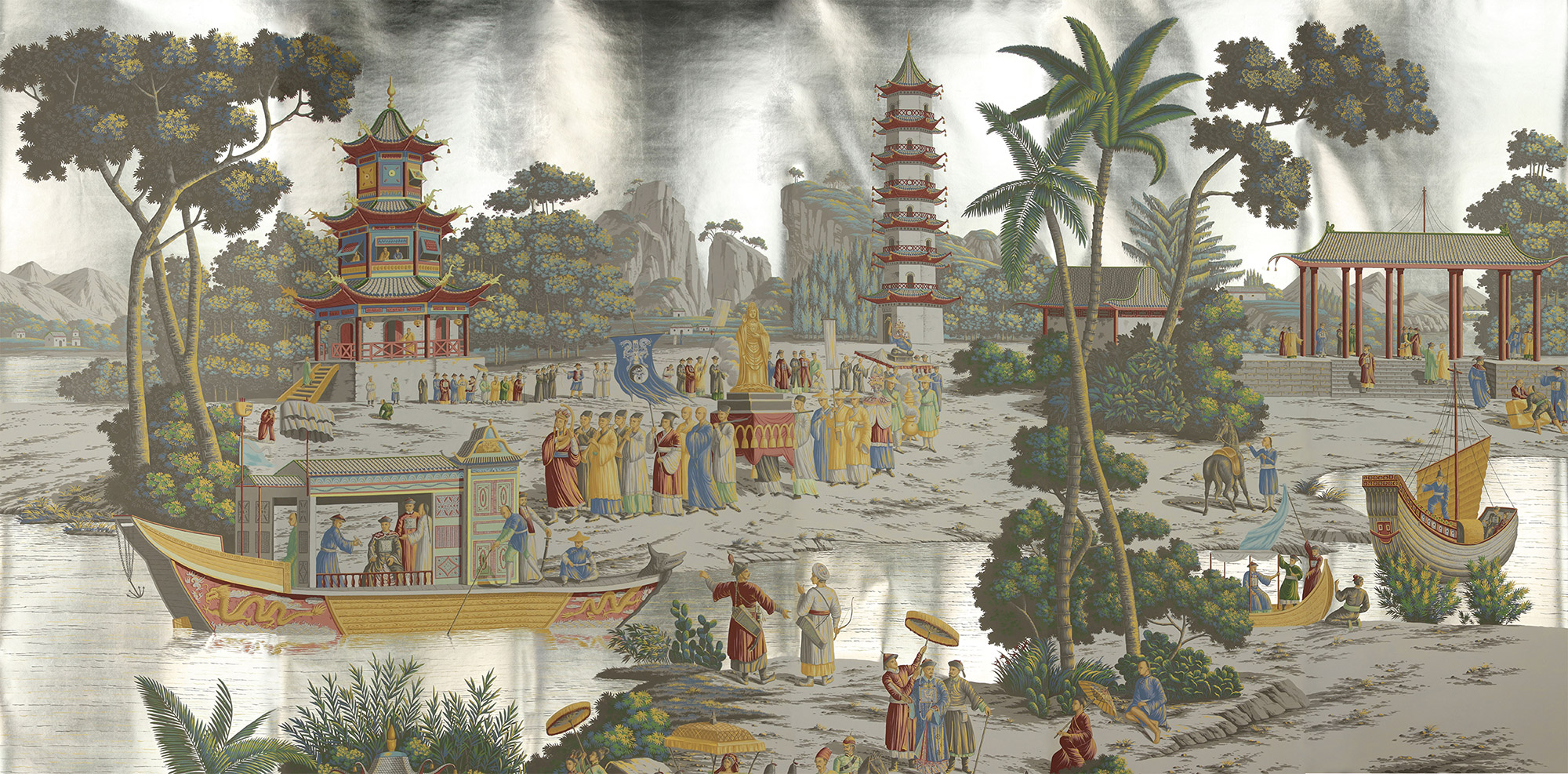 Обои ручная роспись Procession Chinoise Special Colourway on White Metal gilded paper Обои ручная роспись Procession Chinoise Special Colourway on White Metal gilded paper - постер Loft-Concept в Орле