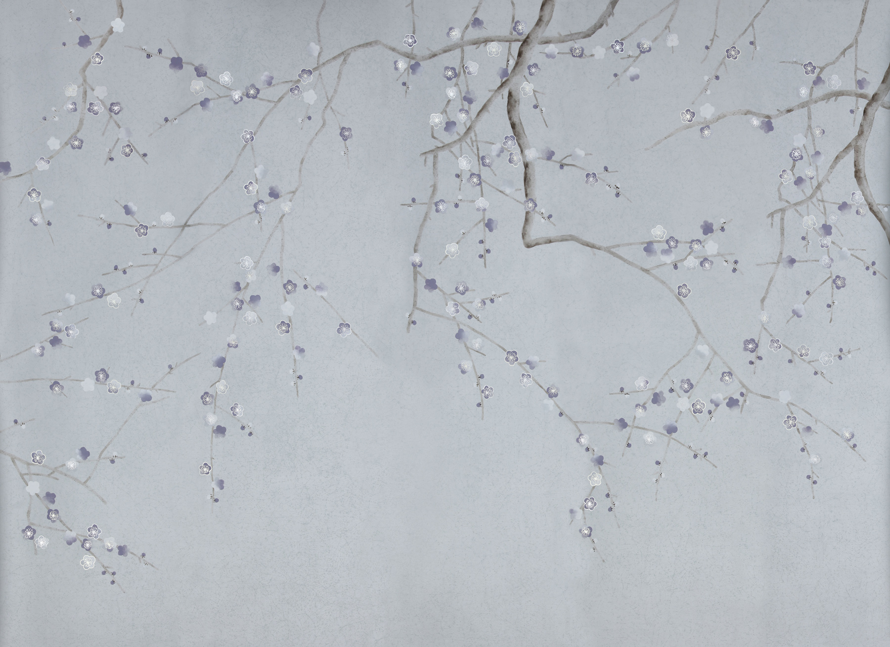 Обои ручная роспись Plum Blossom Special Colourway on Crackled Silver metallic silk Обои ручная роспись Plum Blossom Special Colourway on Crackled Silver metallic silk - постер Loft-Concept в Орле