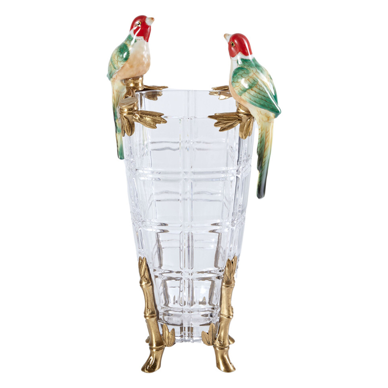 Ваза из прозрачного стекла с бронзовыми ножками и фигурками попугаев Eden Garden porcelain and bronze Прозрачное Стекло Бронза Мульти Ваза из прозрачного стекла с бронзовыми ножками и фигурками попугаев Eden Garden porcelain and bronze Прозрачное Стекло Бронза Мульти в Орле | Loft Concept