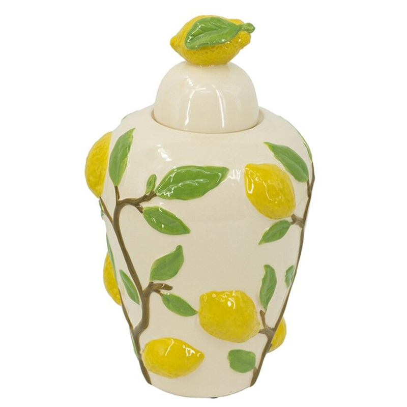 Ваза с крышкой кремового цвета и объемным рисунком лимонов и листьев Lemon Delight Кремовый Желтый Коричневый Зеленый в Орле | Loft Concept 