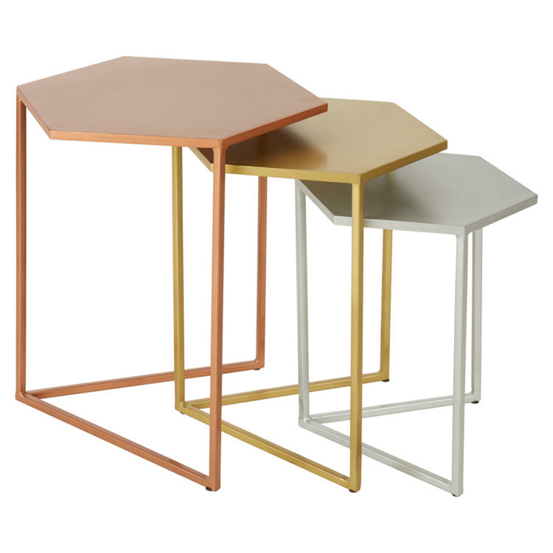 Комплект из 3-х приставных столиков Trio Hexagon Side Tables Медь Золотой Серебряный Комплект из 3-х приставных столиков Trio Hexagon Side Tables Медь Золотой Серебряный в Орле | Loft Concept