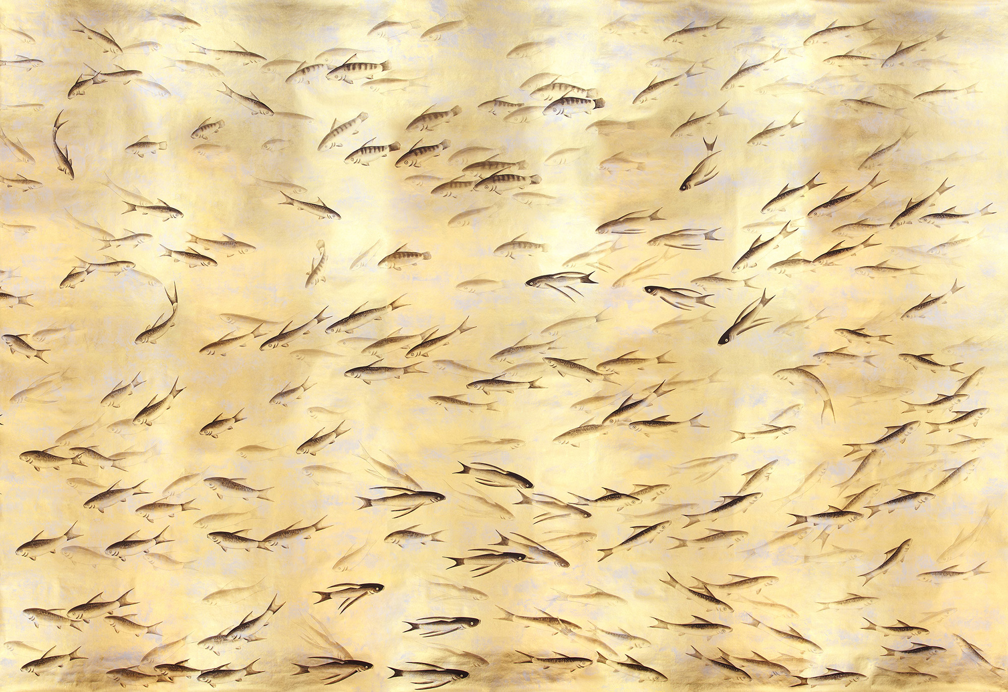 Обои ручная роспись Fishes Original colourway on Deep Rich Gold gilded paper with d?sargenter pearlescent antiquing Обои ручная роспись Fishes Original colourway on Deep Rich Gold gilded paper with d?sargenter pearlescent antiquing - постер Loft-Concept в Орле