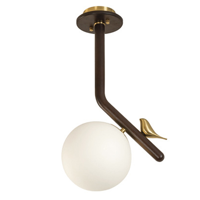 Потолочный светильник с птичкой Bird Wood Ring Ceiling Lamp Латунь Коричневый Белое матовое стекло Потолочный светильник с птичкой Bird Wood Ring Ceiling Lamp Латунь Коричневый Белое матовое стекло в Орле | Loft Concept