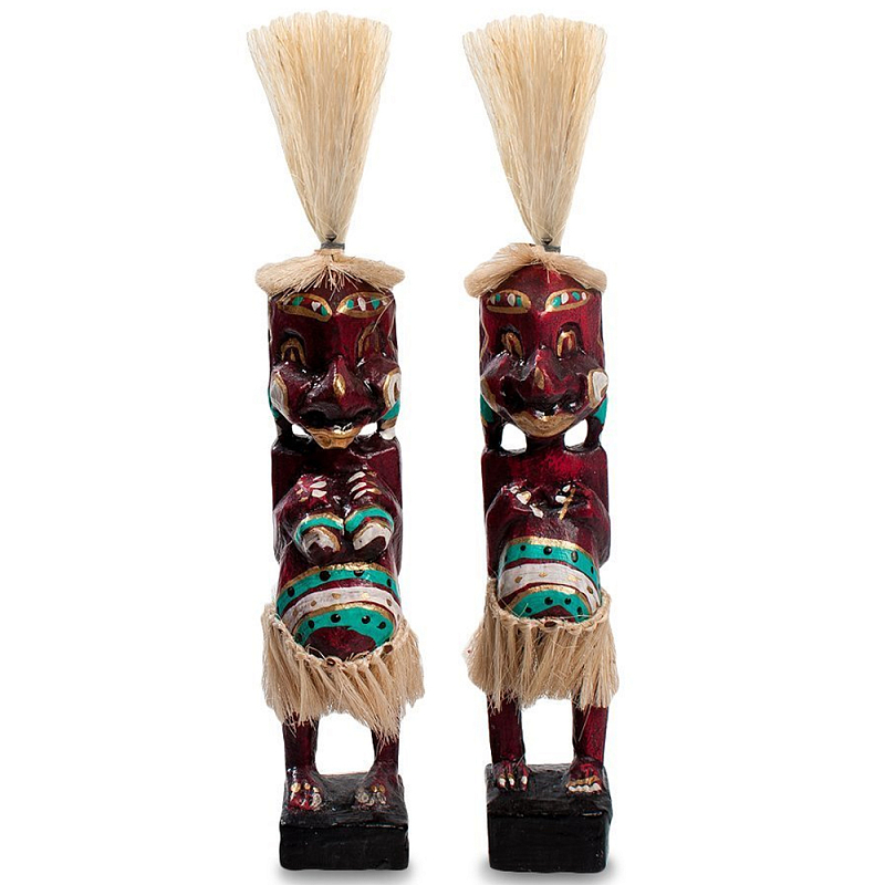 Комплект из 2-х деревянных статуэток Asmat Straw Headdress Statuettes Red Turquoise Tattoo Красный Бежевый Бирюзовый Белый Комплект из 2-х деревянных статуэток Asmat Straw Headdress Statuettes Red Turquoise Tattoo Красный Бежевый Бирюзовый Белый в Орле | Loft Concept