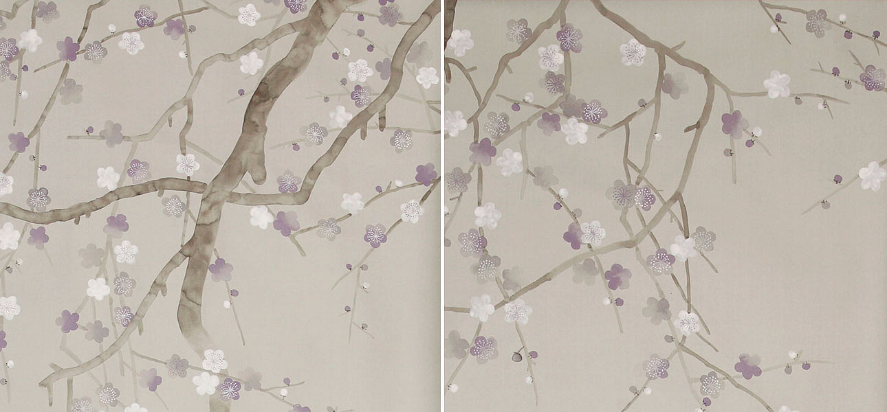 Обои ручная роспись Plum Blossom Special Colourway on Oyster Shell metallic silk Обои ручная роспись Plum Blossom Special Colourway on Oyster Shell metallic silk - Loft-Concept в Орле