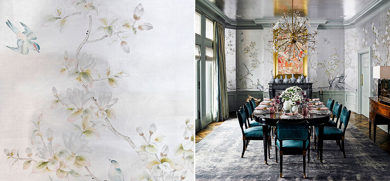 Обои ручная роспись Japanese Garden Special Colourway on Ocean Silver gilded silk Обои ручная роспись Japanese Garden Special Colourway on Ocean Silver gilded silk - Loft-Concept в Орле