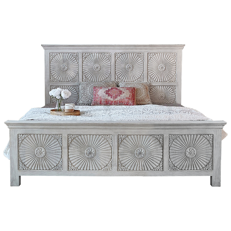 Двуспальная кровать из массива манго с резьбой Olan Grey Mango Bed Светло-бежевый в Орле | Loft Concept 