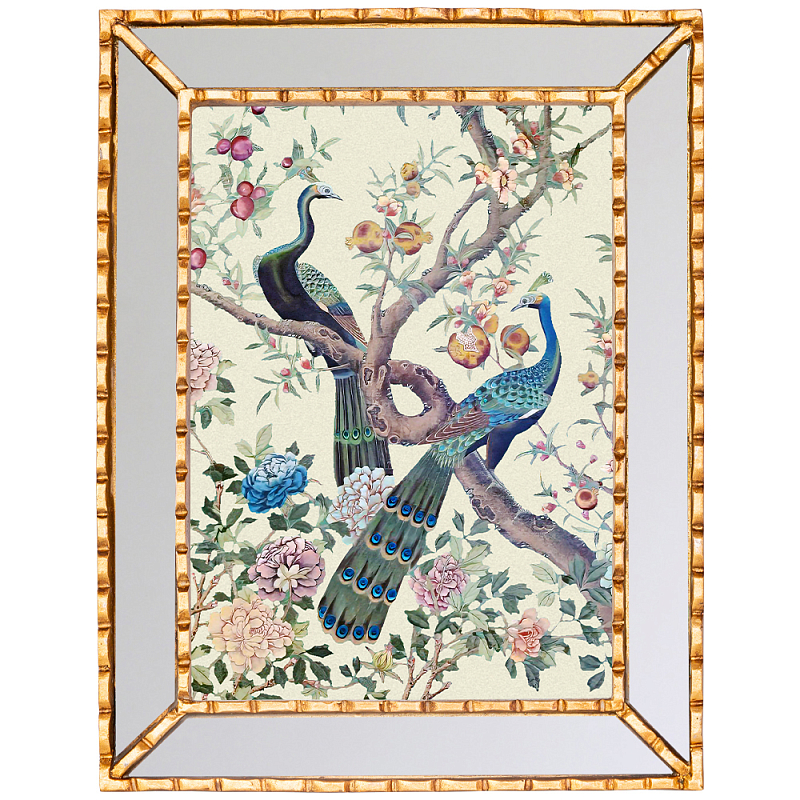 Постер в зеркальной раме в стиле шинуазри Chinoiserie Imperial Garden Peacocks on a Tree Poster Бежевый Бирюзовый Мульти Золотой Зеркало Постер в зеркальной раме в стиле шинуазри Chinoiserie Imperial Garden Peacocks on a Tree Poster Бежевый Бирюзовый Мульти Золотой Зеркало в Орле | Loft Concept
