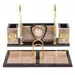 Настольный письменный набор из бежевого мрамора с часами и гербом Marble Accessory варинант исполнения - 1 | Loft Concept в Орле