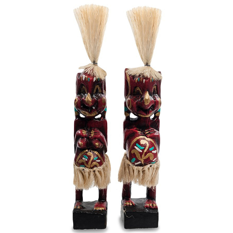 Комплект из 2-х деревянных статуэток Asmat Straw Headdress Statuettes Red Tattoo Красный Бежевый Золотой Мульти Комплект из 2-х деревянных статуэток Asmat Straw Headdress Statuettes Red Tattoo Красный Бежевый Золотой Мульти в Орле | Loft Concept