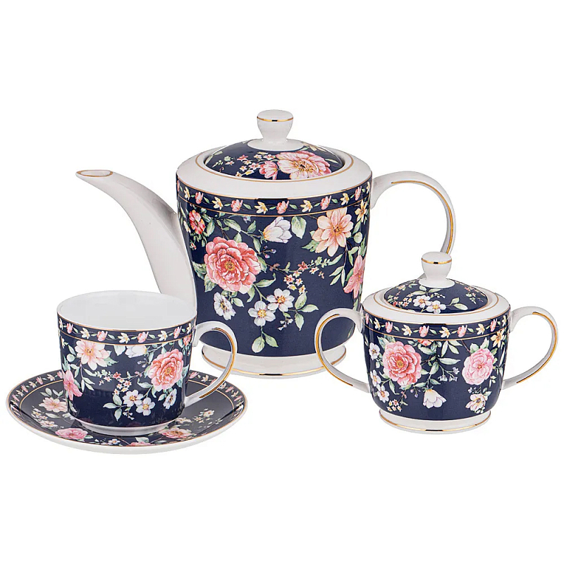 Чайный сервиз из фарфора синий на 6 персон 14 предметов Flower Porcelain Collection Синий Мульти в Орле | Loft Concept 