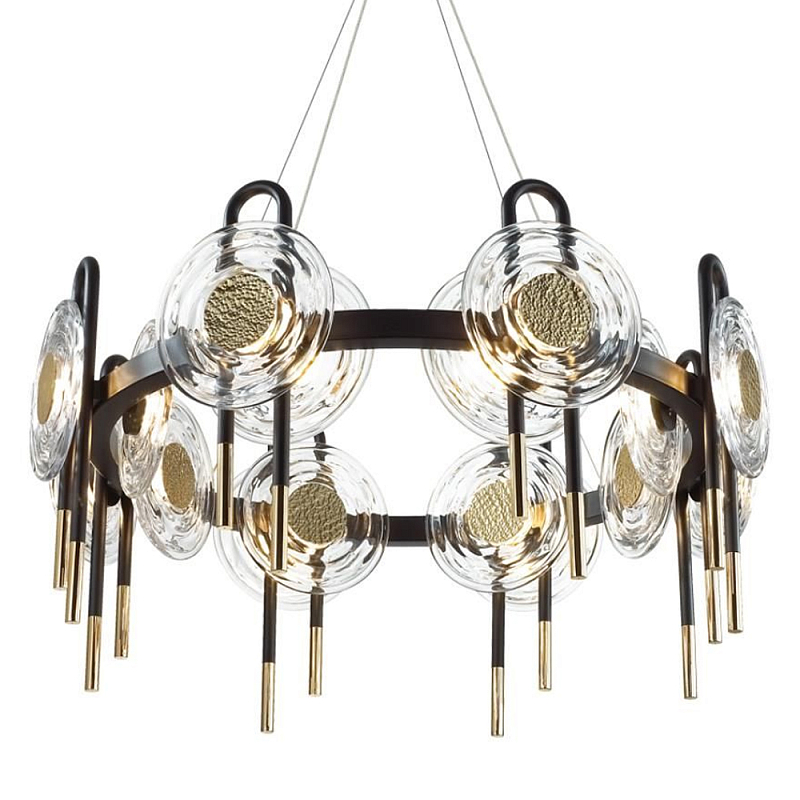 Люстра подвесная круглая черного цвета с круглыми прозрачными плафонами Virelia  Черный Прозрачное Стекло Золотой в Орле | Loft Concept 