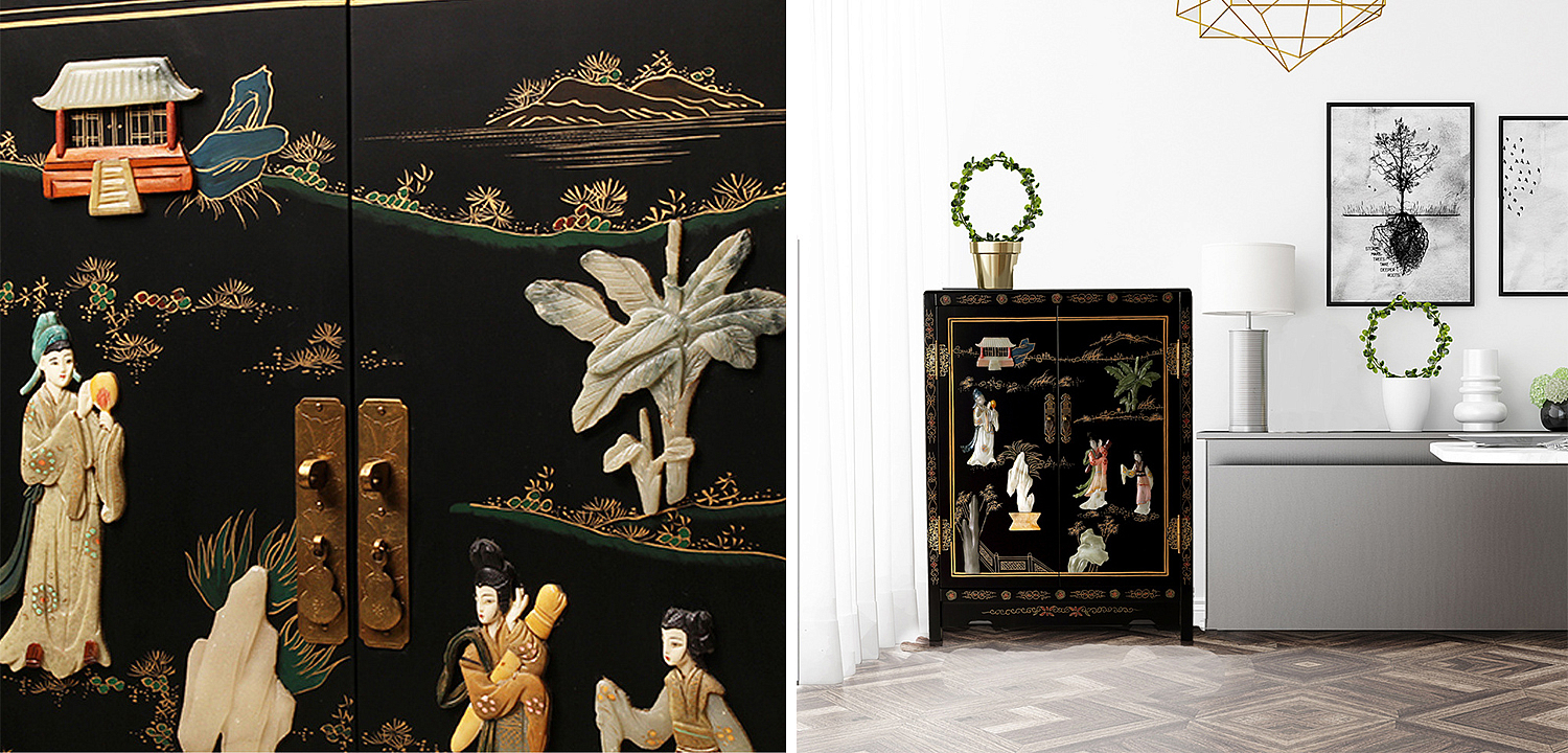 Черный Двухдверный Комод в Китайском стиле с каменным Барельефом Black Chinese Chest of drawers Черный Двухдверный Комод в Китайском стиле с каменным Барельефом Black Chinese Chest of drawers - Loft-Concept в Орле