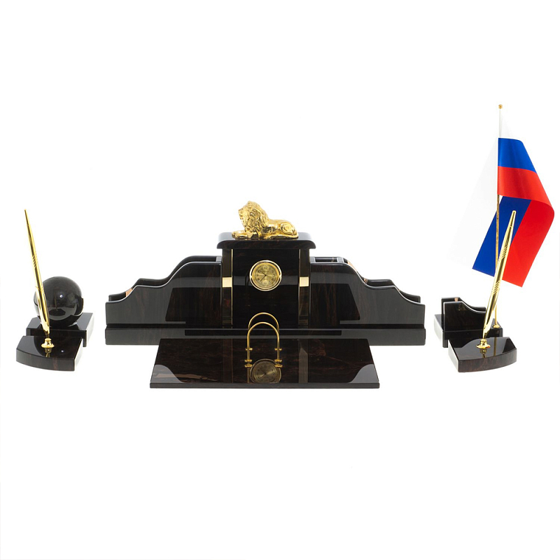 Настольный письменный набор из чёрного обсидиана с декором в виде льва Golden Lion Коричневый Бронза в Орле | Loft Concept 