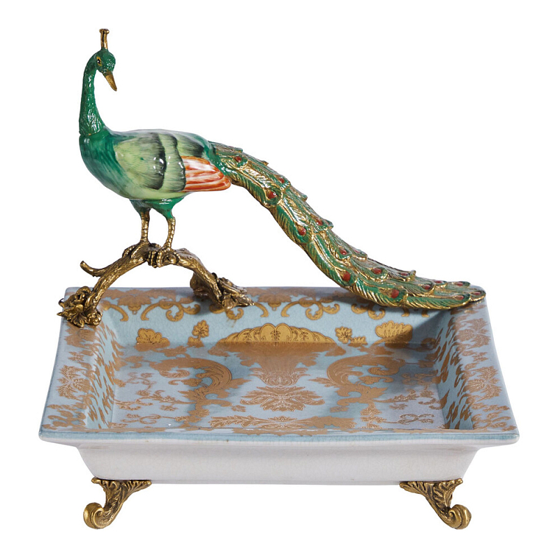 Блюдо квадратное с павлином на бронзовых ножках Eden Garden Голубой Бронза Мульти в Орле | Loft Concept 