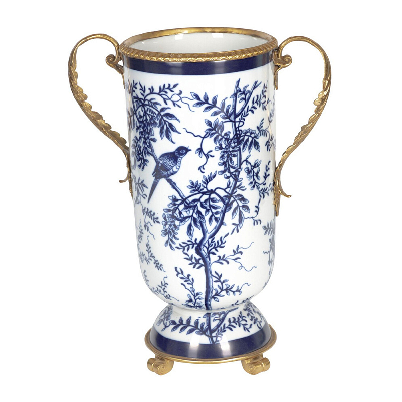 Ваза с бронзовыми ручками и синим цветочным узором Blue & White Ornament Синий Белый Бронза в Орле | Loft Concept 